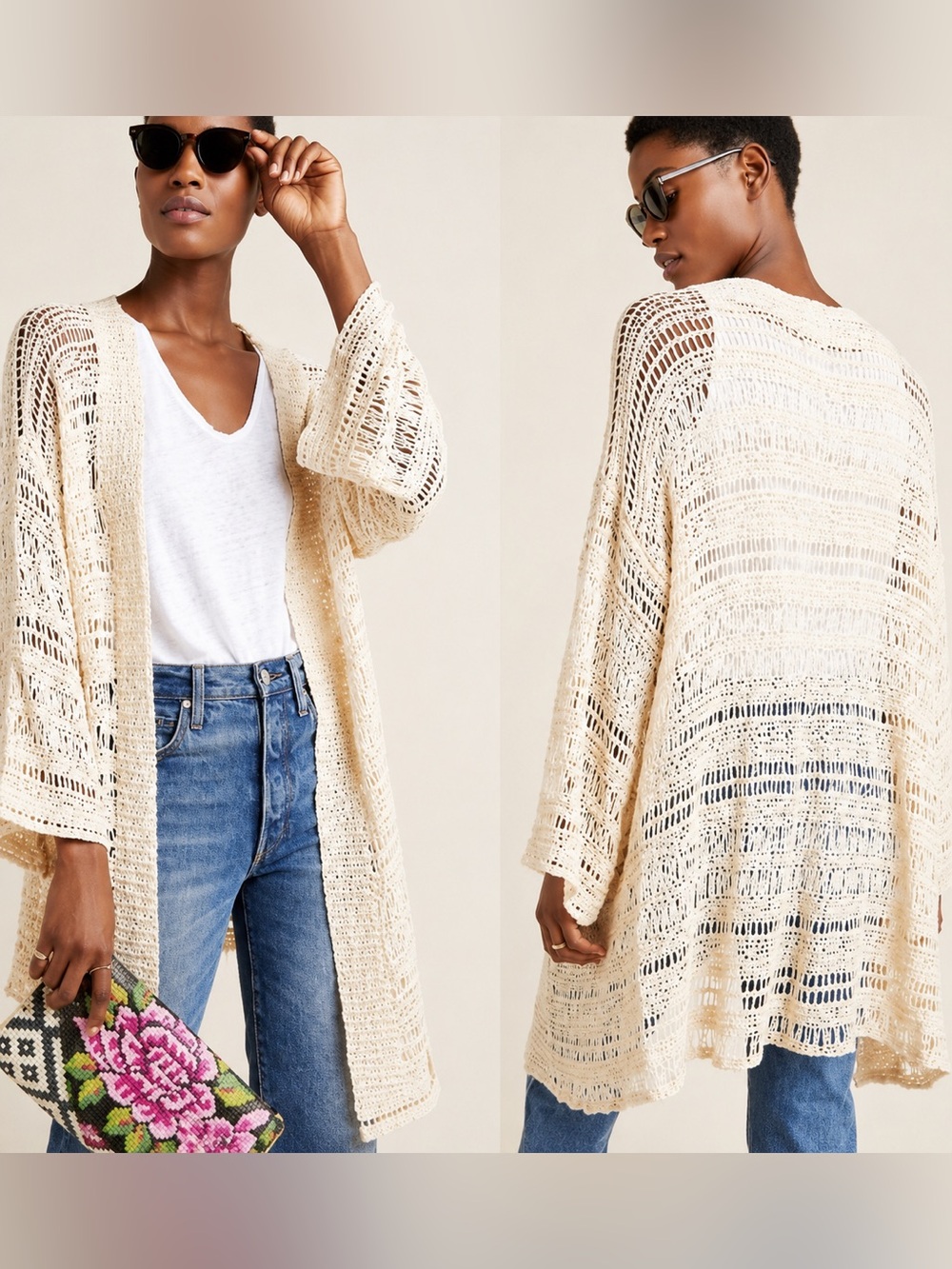 Anthropologie Akemi + Kin Ribbon Stretch Open Crochet Cream Cardigan Sweater *o